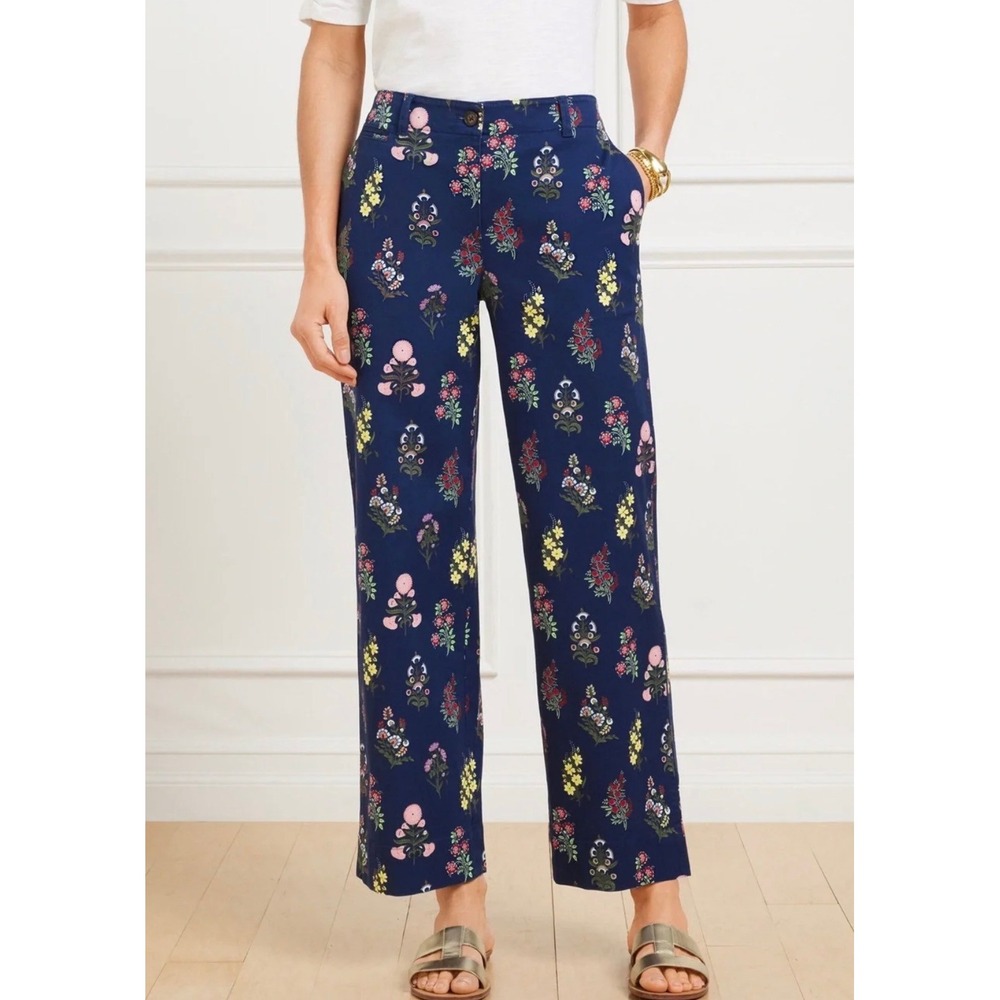 Talbots Navy Blue Floral Block Print Wide Leg Crop Pants Cotton Stretch 16 NWT
